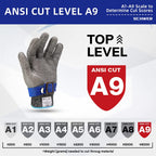 Metallic glove with ANSI Cut Level A9 certification on a white background