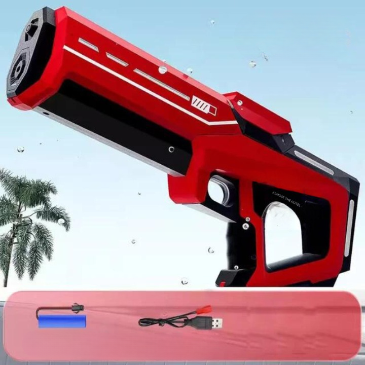 Red and black toy gun with palm tree and blue sky in the background