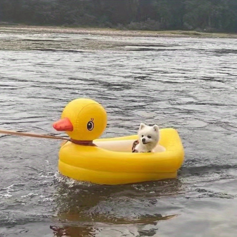 Dog on a yellow inflatable duck float in a body of water