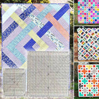 Collage of various quilt patterns with a grid ruler in the foreground.