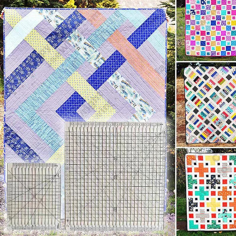 Collage of various quilt patterns with a grid ruler in the foreground.