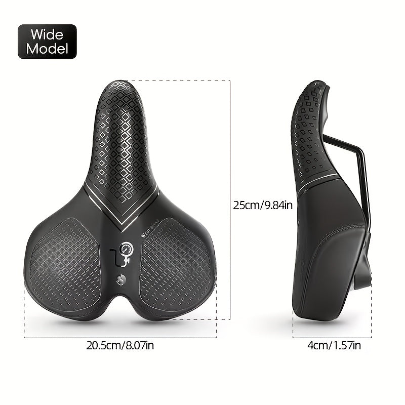 Black bicycle saddle with measurements on a white background