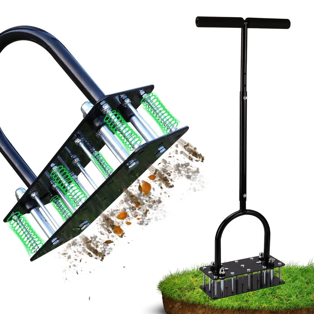 Garden tiller with soil and grass on a white background