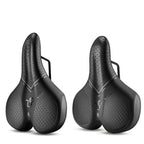 Two black bicycle saddles on a white background