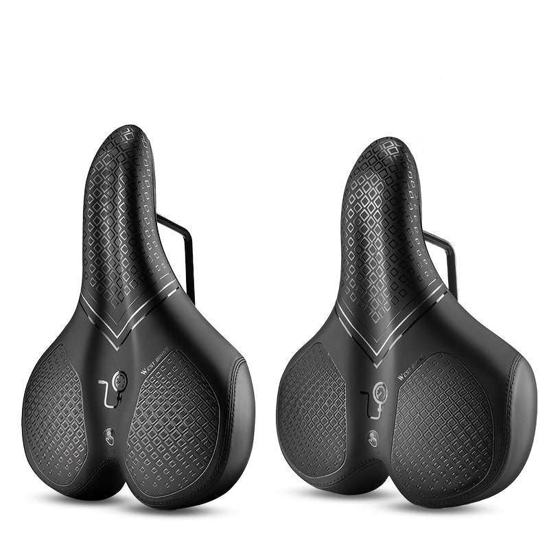 Two black bicycle saddles on a white background
