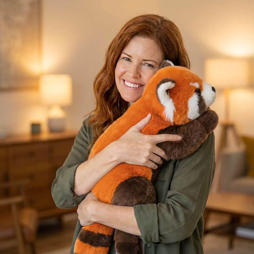 Woman holding a plush toy red panda in a cozy living room.