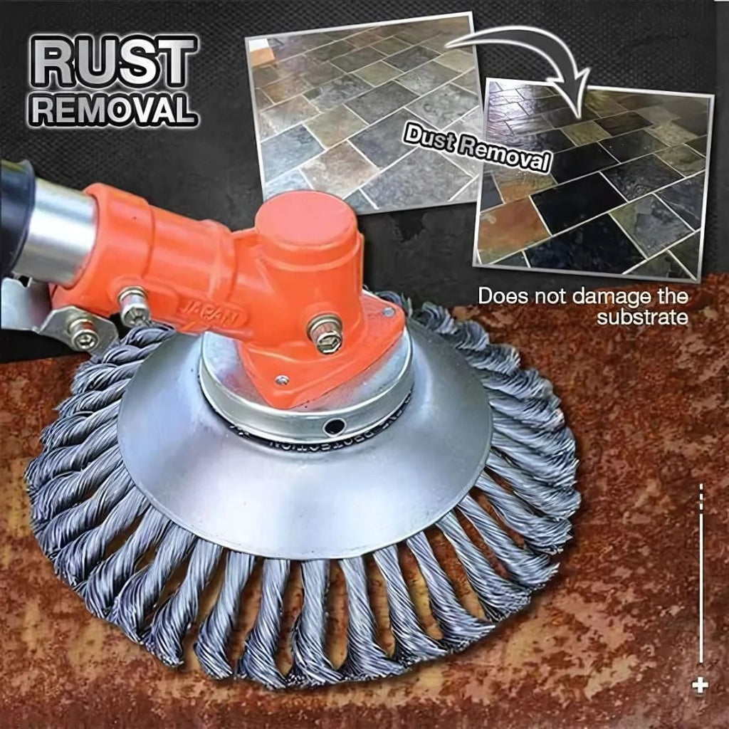 Rust removal tool with a close-up of rust being removed from a surface.