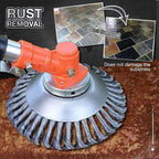 Rust removal tool with a close-up of rust being removed from a surface.