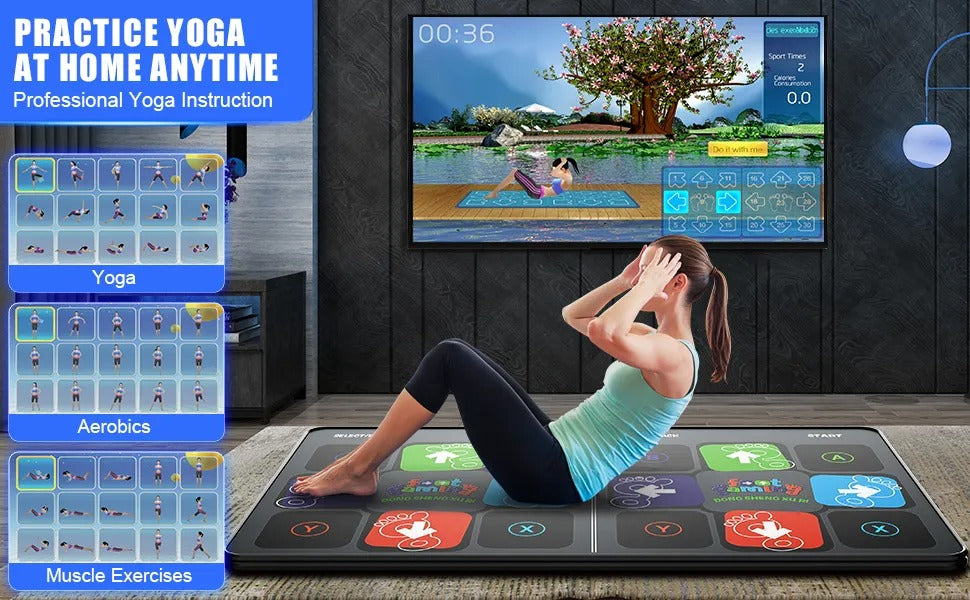 Woman practicing yoga on a digital yoga mat with a screen displaying yoga poses.