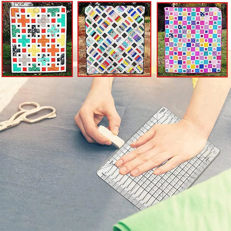 Hands using a ruler and chalk on a gray surface with colorful quilt patterns inset.