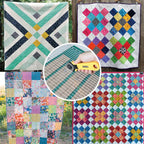 Collage of colorful patchwork quilts with a close-up of a quilting tool.