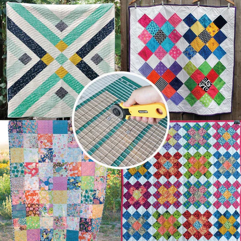 Collage of colorful patchwork quilts with a close-up of a quilting tool.