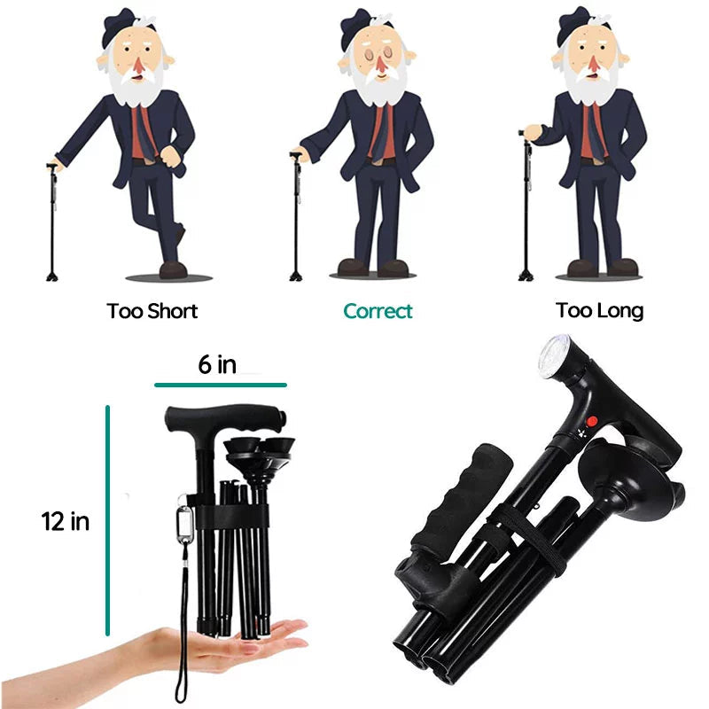 Collapsible walking cane with measurements and comparison to a person's height on a white background.