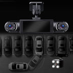 Car dashboard camera system with multiple cameras and a screen on a black background.