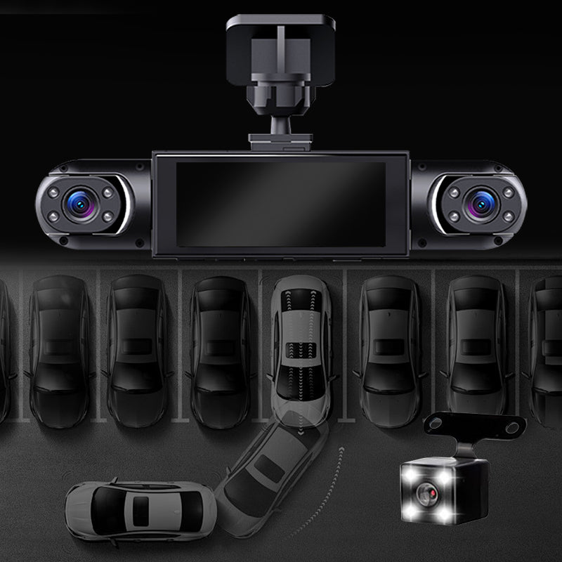 Car dashboard camera system with multiple cameras and a screen on a black background.