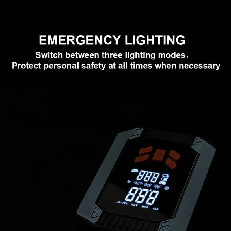 Emergency lighting device with digital display on a black background