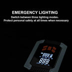 Emergency lighting device with digital display on a black background
