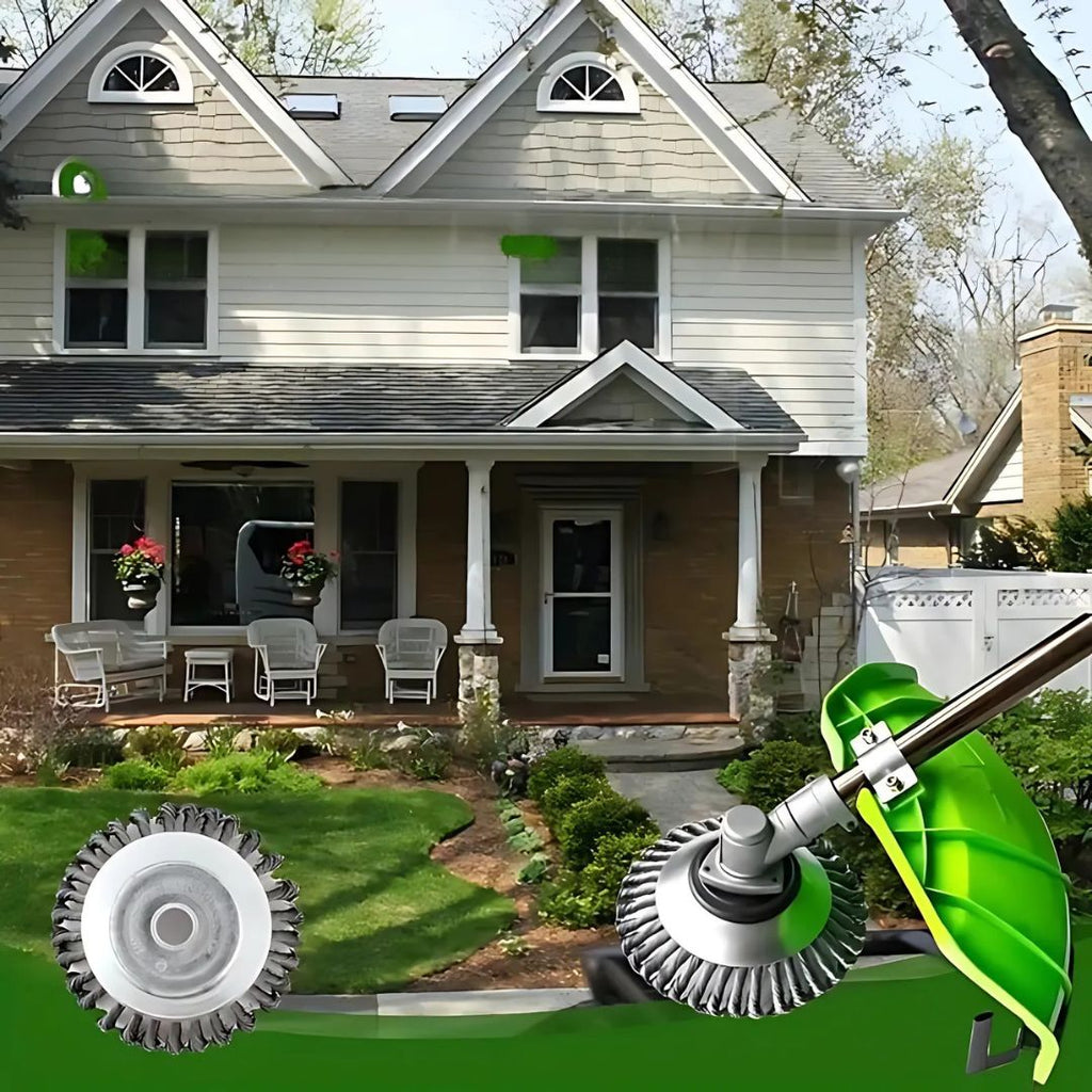 House exterior with a green and gray power tool on a green background