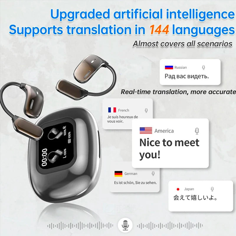 Smart device with translation feature displaying text in multiple languages on a light background