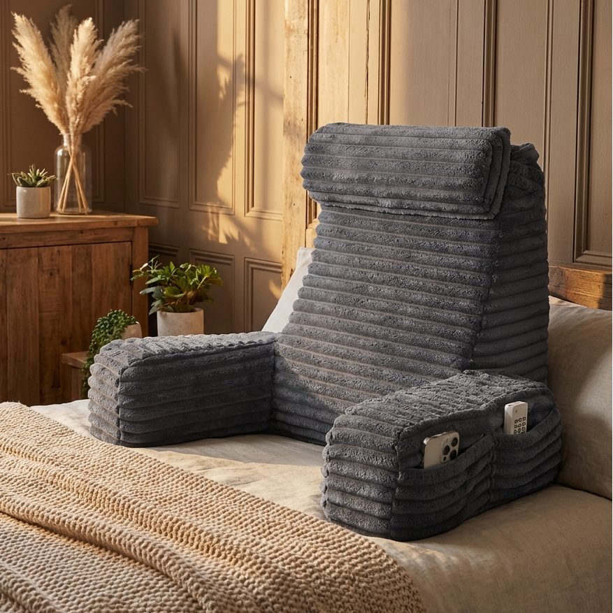 Gray folding chair with armrests on a bed in a cozy room.
