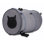 Gray pet carrier with black cat silhouette on a white background