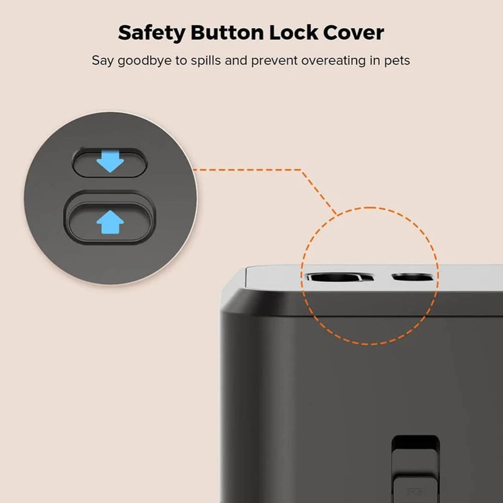 Safety button lock cover for pet food container with text on a beige background