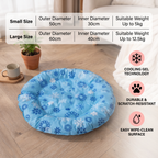 Blue pet bed with snowflake pattern on a wooden floor, featuring product specifications and features.