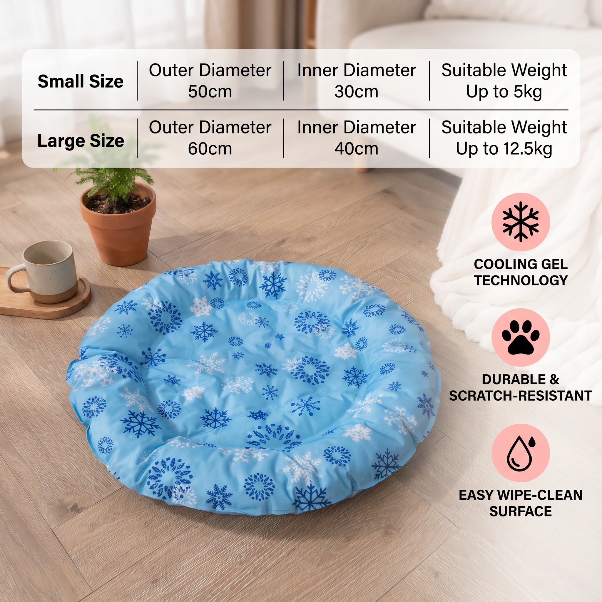 Blue pet bed with snowflake pattern on a wooden floor, featuring product specifications and features.