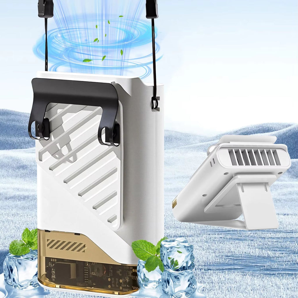Portable air cooler with a blue gradient background