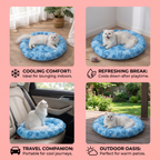 Collage of a blue pet cooling pad used indoors, outdoors, and in a car.