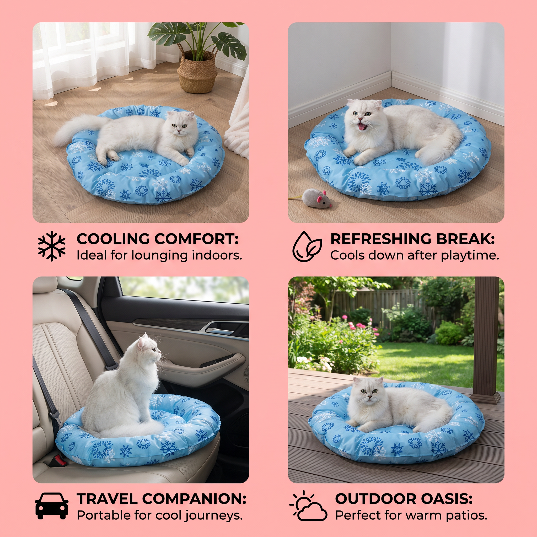 Collage of a blue pet cooling pad used indoors, outdoors, and in a car.