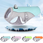 Dog harness with ice and snow background, showing different color options.