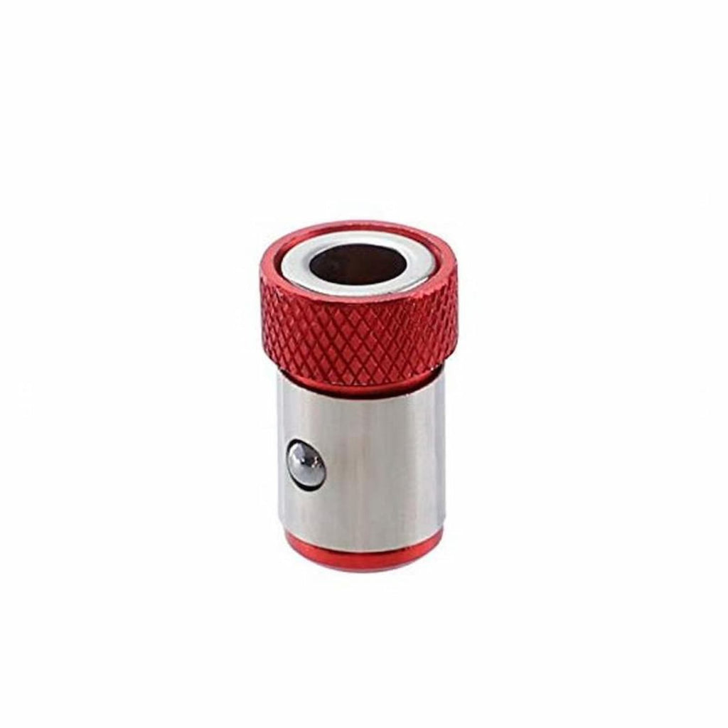 Red and silver cylindrical object on a white background