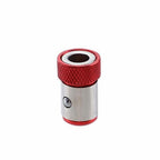 Red and silver cylindrical object on a white background