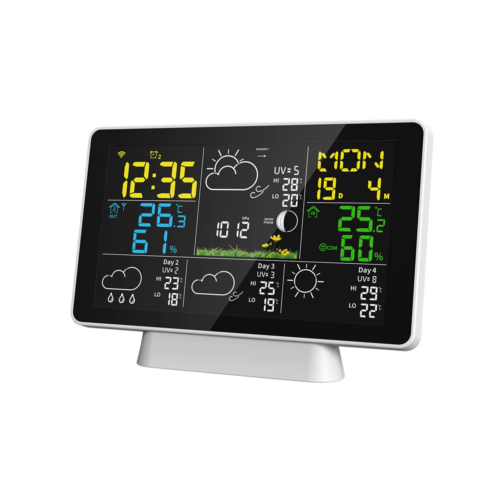 Digital weather station with clock and weather forecast on a white background