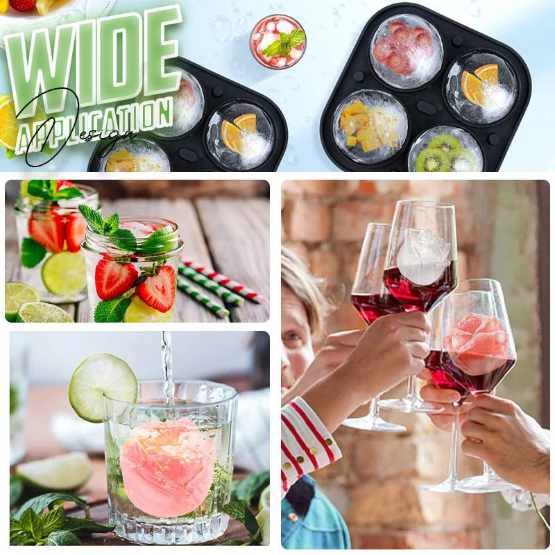 Collage of ice cube trays with fruit and floral ice cubes, glasses with drinks, and people toasting.