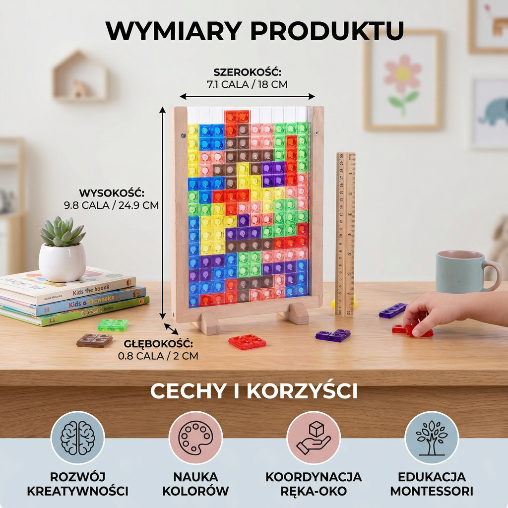 Product dimensions and features displayed on a table with educational toys.