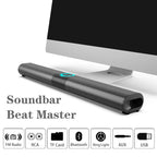 Soundbar labeled 'Soundbar Beat Master' in front of a computer monitor with connectivity icons below.