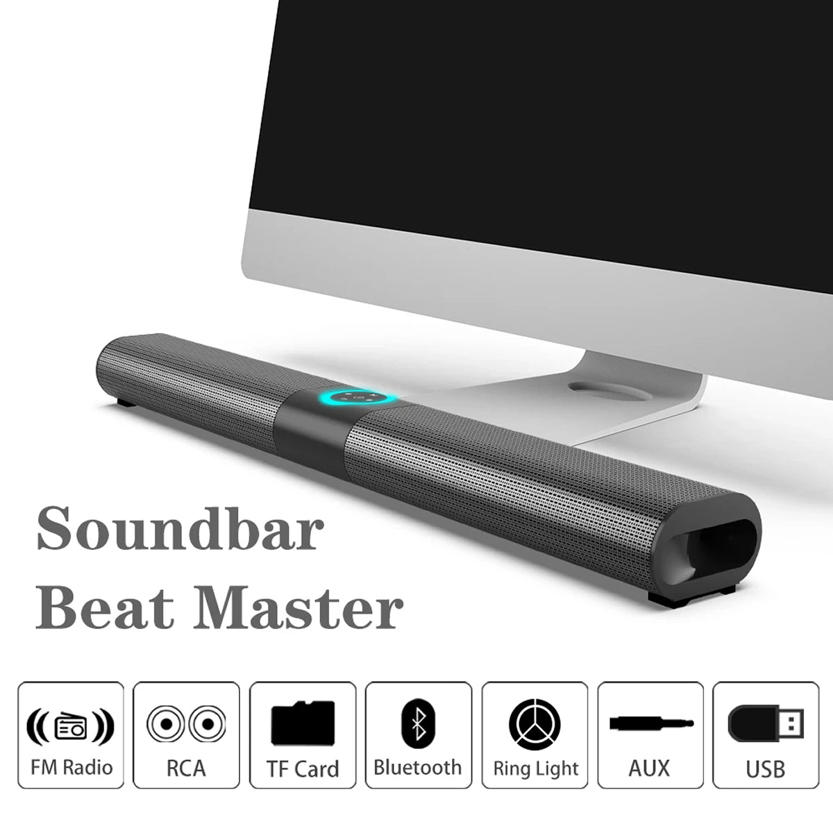 Soundbar labeled 'Soundbar Beat Master' in front of a computer monitor with connectivity icons below.