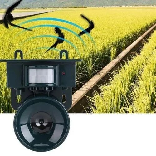 Bird deterrent device with green field and birds in the background