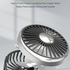 Portable fan with text about power supply, noise, and material on a light gray background