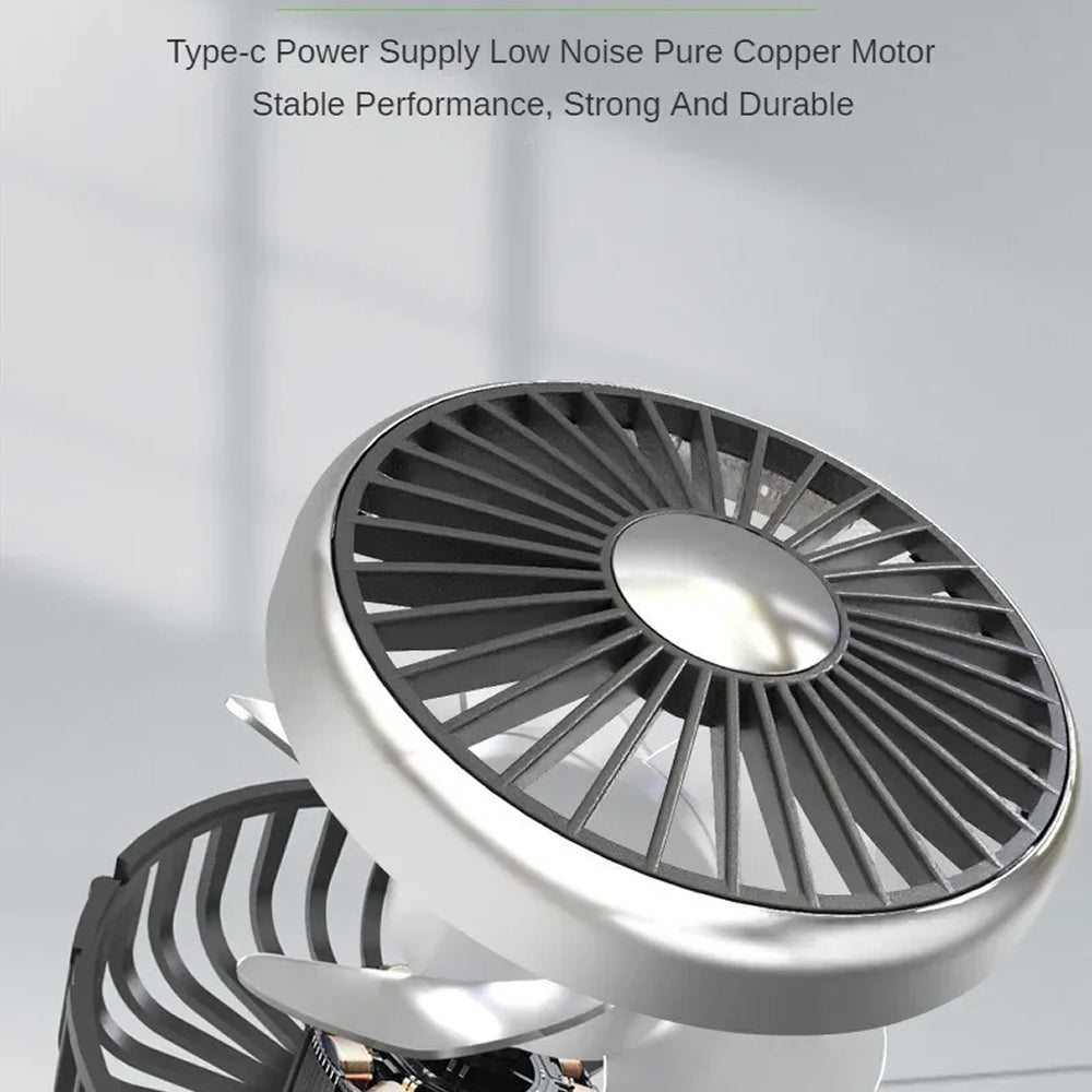 Portable fan with text about power supply, noise, and material on a light gray background