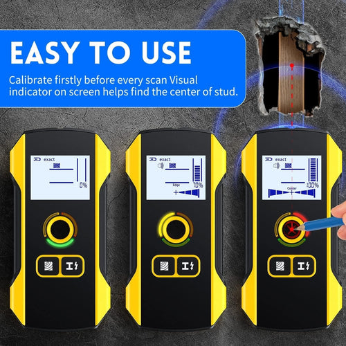 Three yellow and black devices with digital screens on a dark background, labeled 'EASY TO USE'.