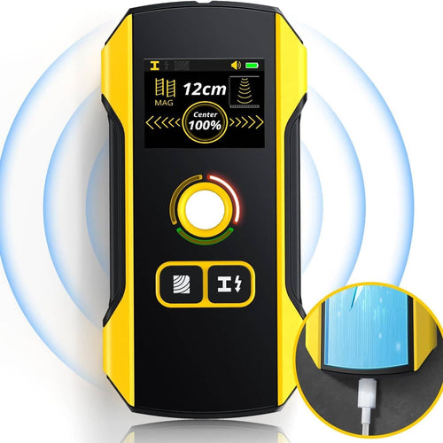 Yellow and black device with digital display on a white background