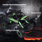 Monster truck with green and black design on a dark background with text highlighting features.