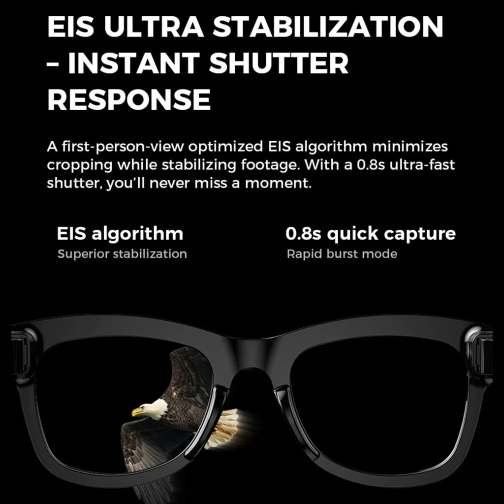 Sunglasses with EIS ultra stabilization feature and text on a black background