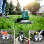 Person using a grass trimmer on grass with close-up details of the tool's components.