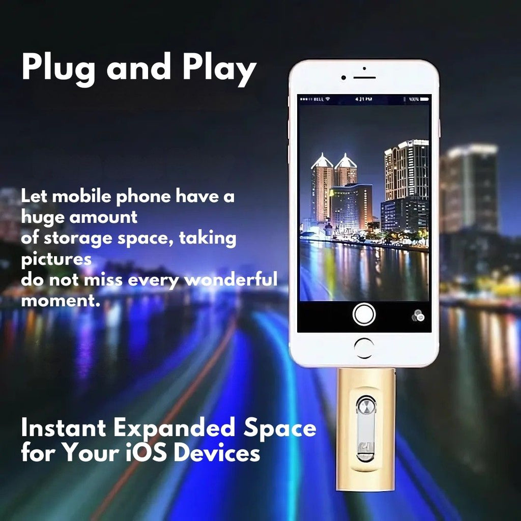 Phone with USB extension cable against a cityscape background, emphasizing 'Plug and Play' feature.