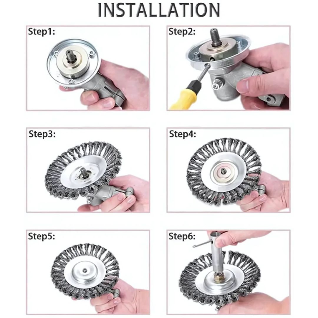 Step-by-step installation guide for a wheel brush tool.