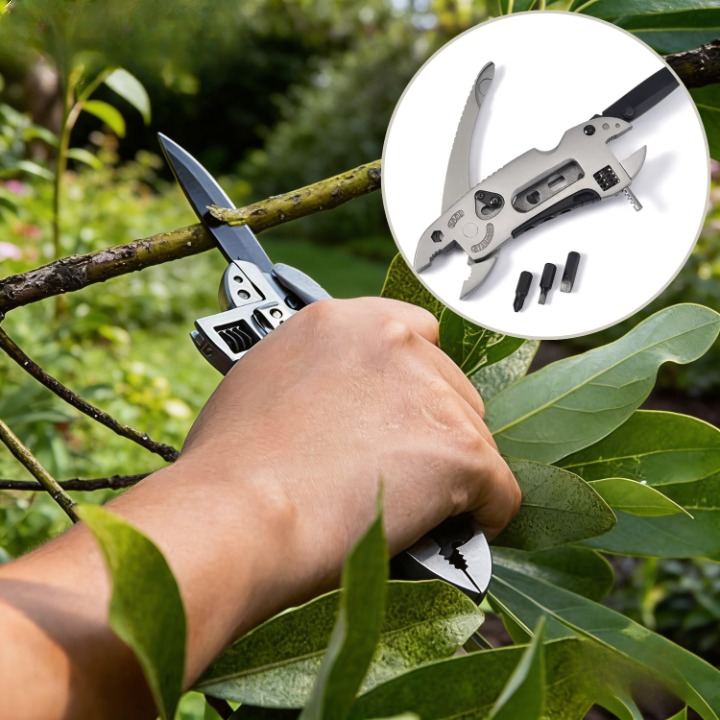Hand using a multi-tool to trim branches with an inset showing the multi-tool's components.